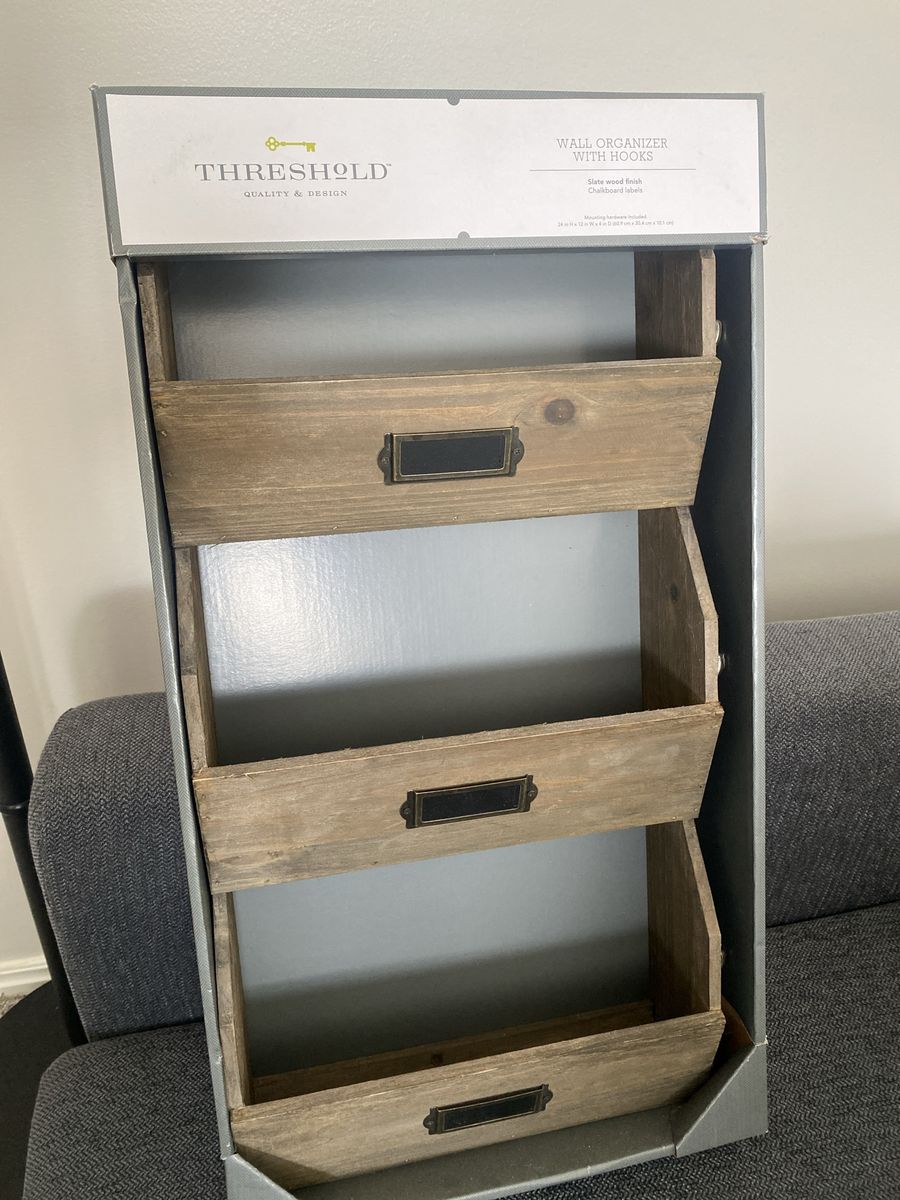 Threshold Wall Organizer with Hooks, Slate Wood Finish, 3-Tier Storage & Chalkboard Labels