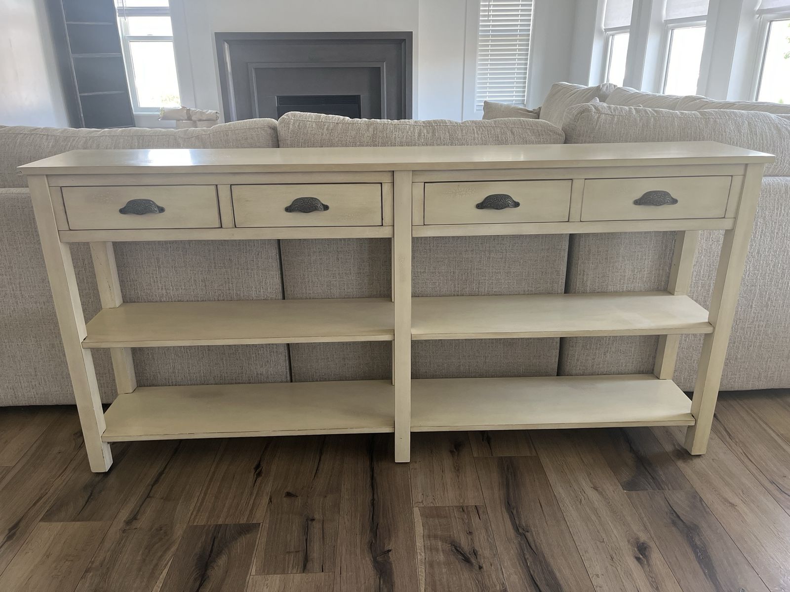 Cream Off-White Wooden Console Sofa Table with 4 Drawers and Lower Shelves