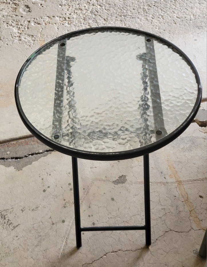 Round Glass Top Patio Side Table with Black Metal Folding Legs