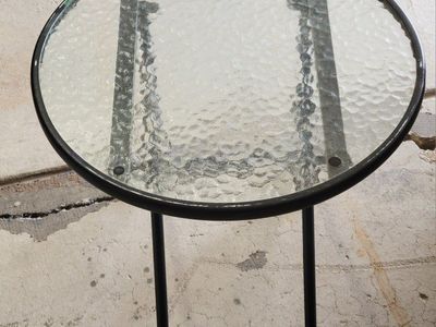 Round Glass Top Patio Side Table with Black Metal Folding Legs