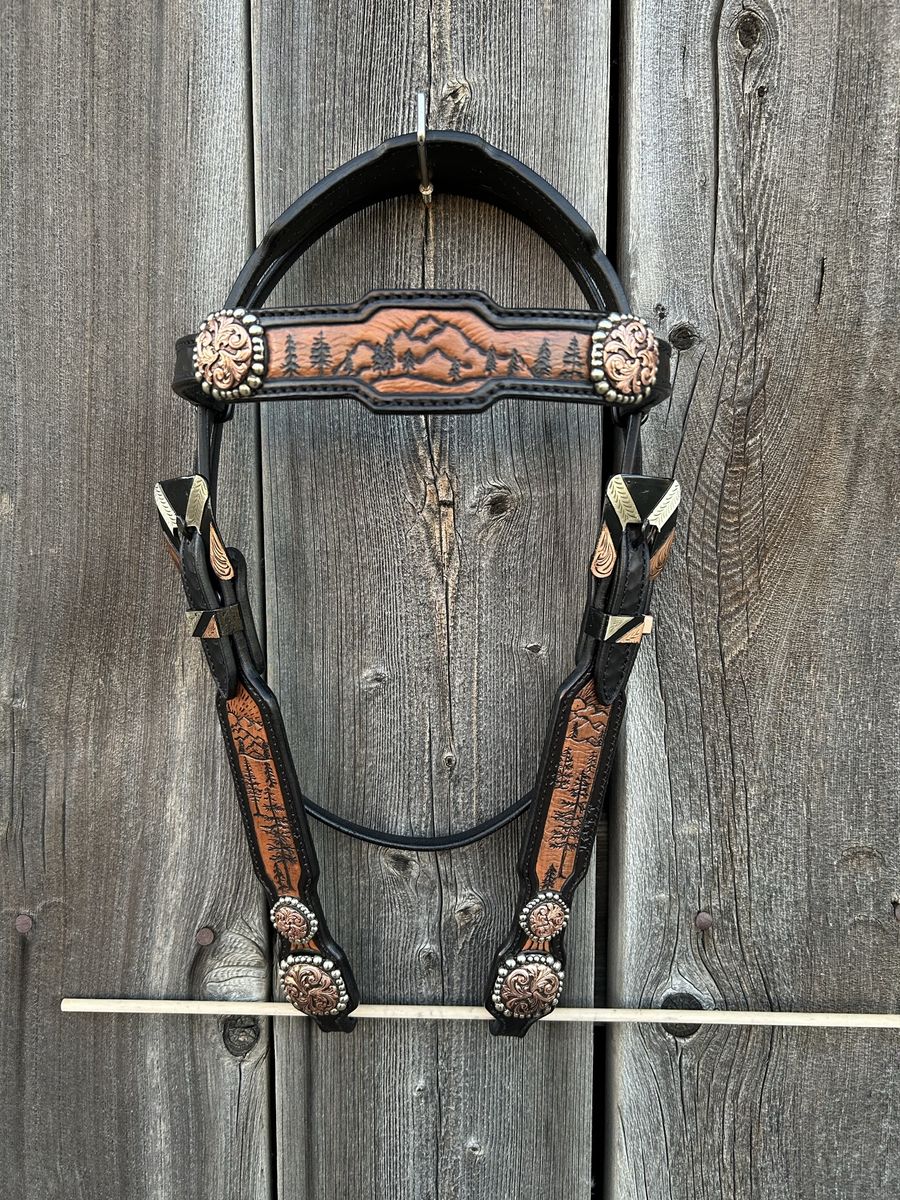 Custom Hand Tooled Leather Horse Bridle Headstall - Mountain & Tree Design, Copper & Silver Accents