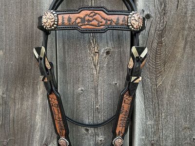 Custom Hand Tooled Leather Horse Bridle Headstall - Mountain & Tree Design, Copper & Silver Accents
