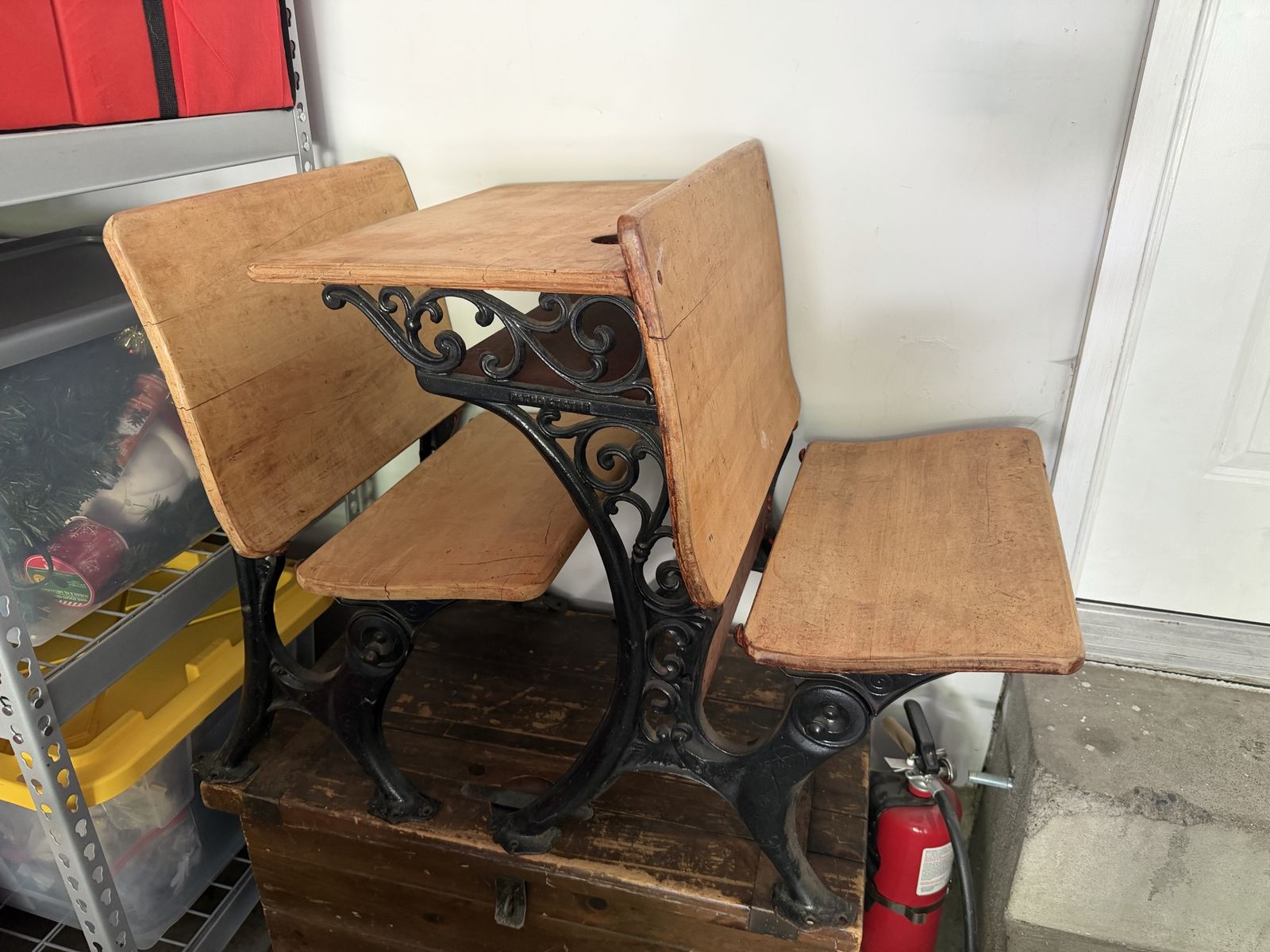 Vintage Cast Iron & Wood School Desk with Attached Chair - Antique Student Furniture