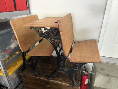 Vintage Cast Iron & Wood School Desk with Attached Chair - Antique Student Furniture