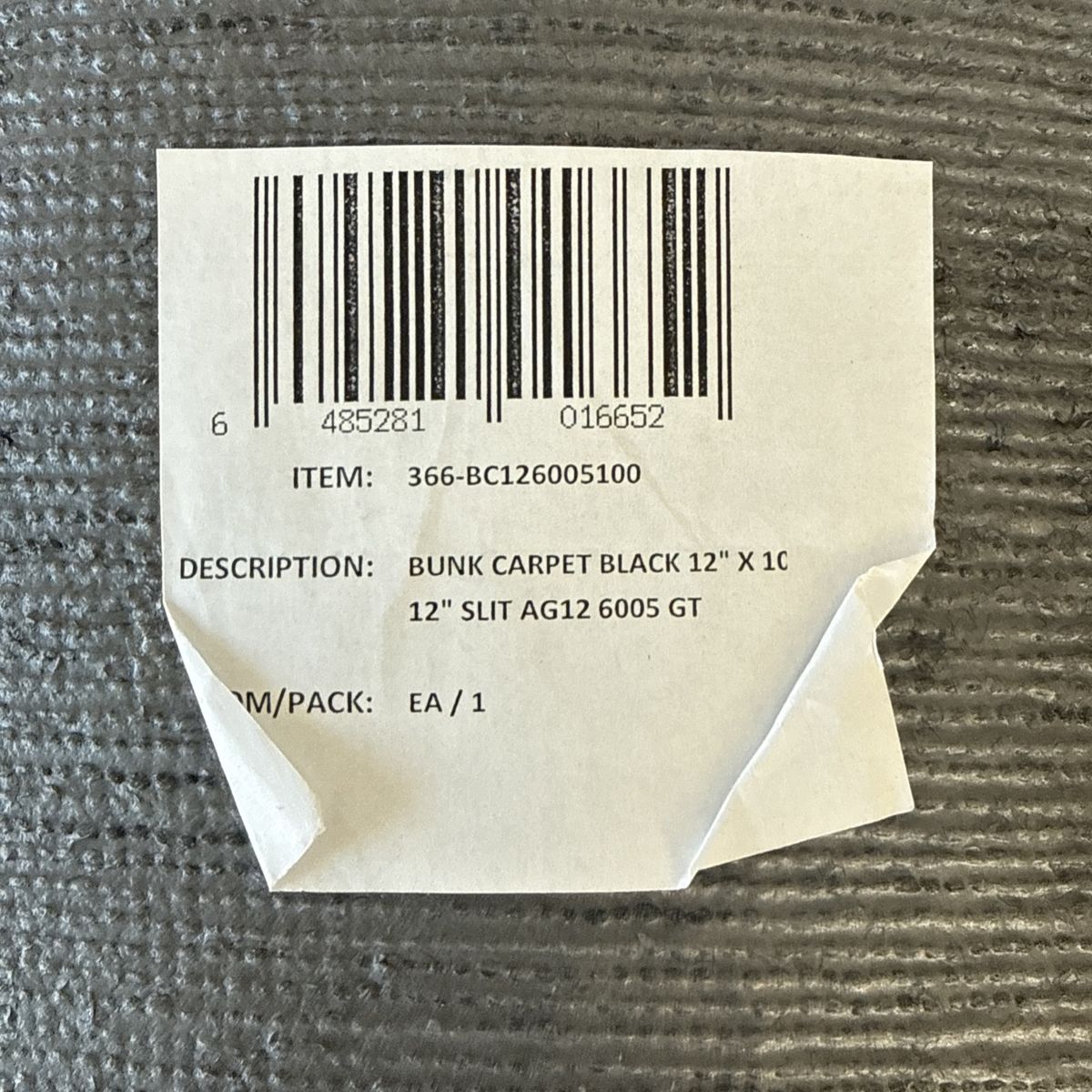 Syntec Bunk Carpet 12" x 100' Black #6005 AG-12-SLIT