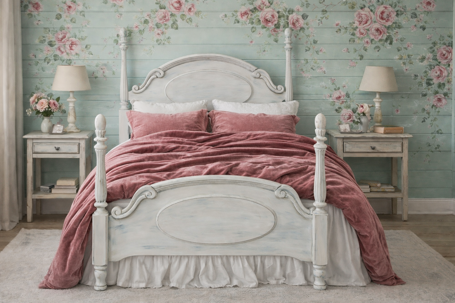 Fairytale Queen/Full 4 Poster Bed Frame Shabby Chic White French Country Farmhouse Cottagecore