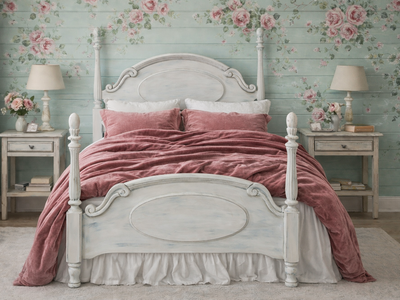 Fairytale Queen/Full 4 Poster Bed Frame Shabby Chic White French Country Farmhouse Cottagecore