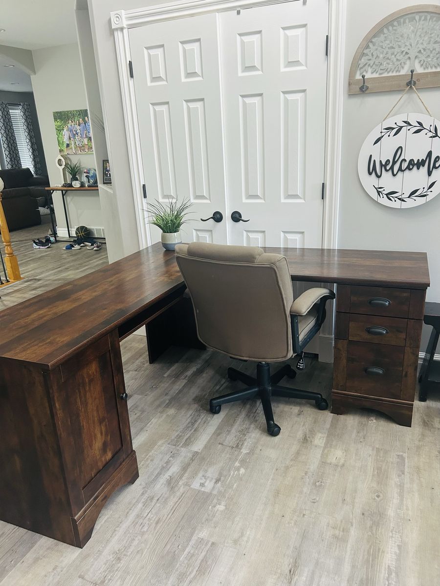 Large Solid Wood-Style L-Shaped Executive Desk with Drawers & Storage Cabinet