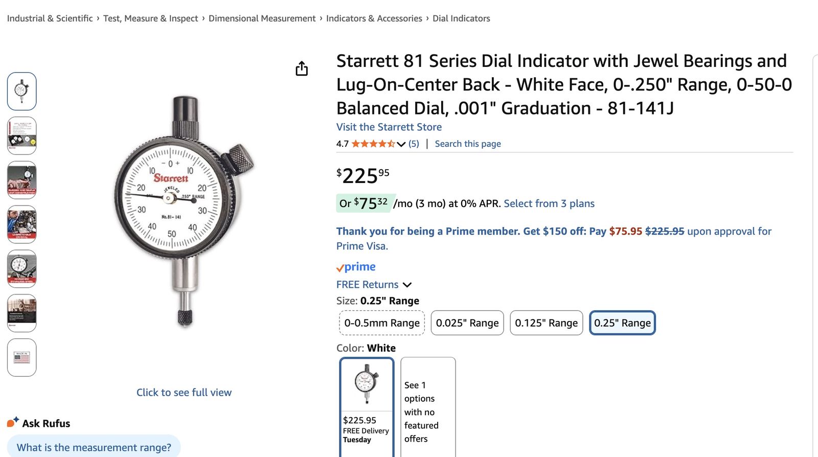 NEW IN BOX - Starrett 81 Series Dial Indicator .250" Range, 0-50-0 Balanced Dial, .001" Graduation - 81-141J