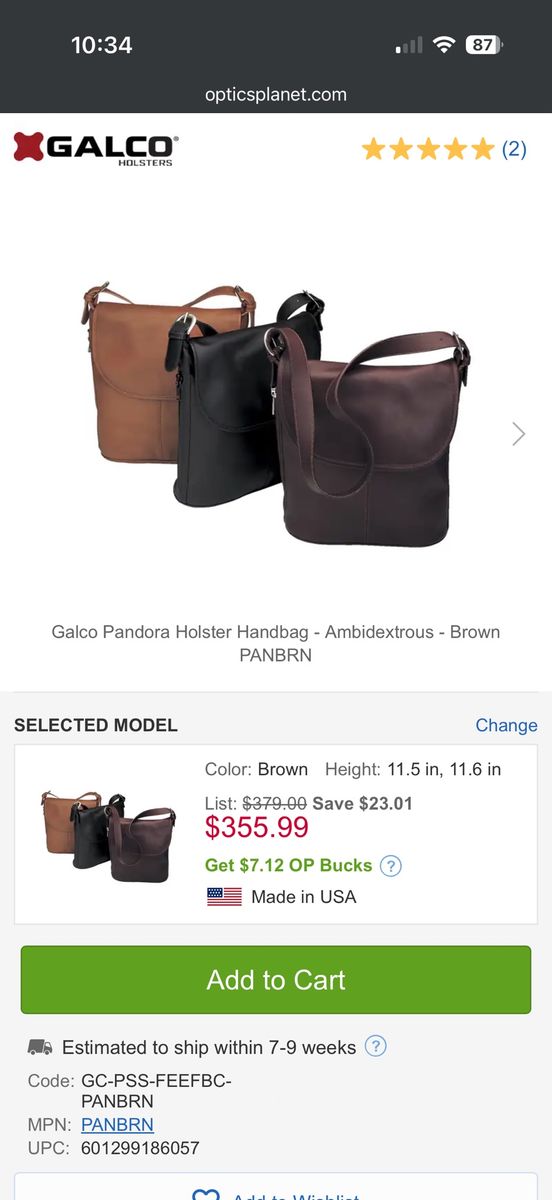 Galco Pandora Leather Concealed Carry Holster Handbag - Ambidextrous
