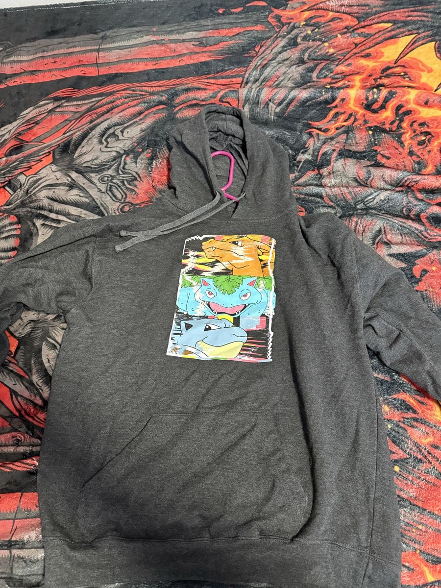 Charcoal Grey Pokemon Graphic Hoodie - Ash, Bulbasaur, Squirtle Design - Size L