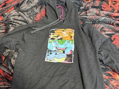 Charcoal Grey Pokemon Graphic Hoodie - Ash, Bulbasaur, Squirtle Design - Size L