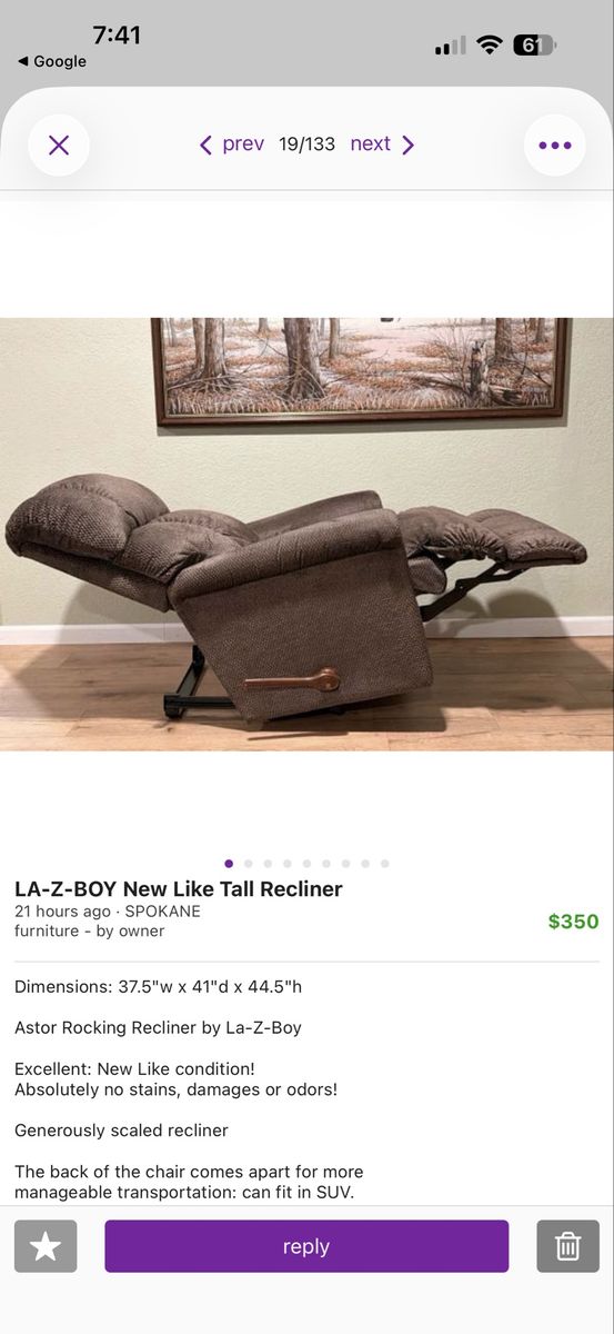 La-Z-Boy recliner chair tall recliner brown fabric
