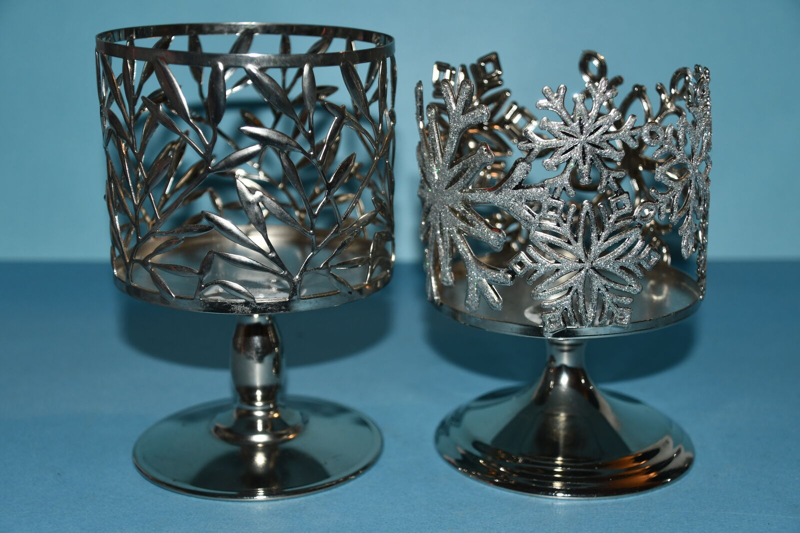 2 BATH & BODY WORKS CANDLE HOLDERS ~ HOLDS a 4" CANDLE ~ SNOWFLAKES & LEAVES ~ SILVER