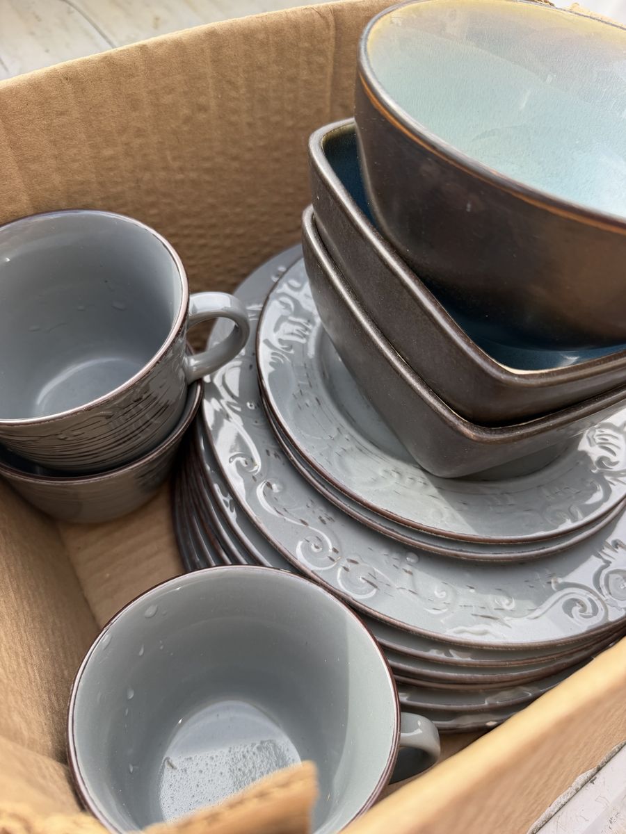 Grey Ceramic Dinnerware Set Plates Bowls Cups Relic Pattern