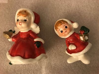 Vintage Napco Christmas Girl Carolers Figurines set of 2, Marked Japan and Jasco Merrie Bells