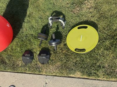 Fitness Equipment Lot: Evermile Twist Board, Ab Rollers, Push-up Stands, Resistance Bands, Exercise Ball