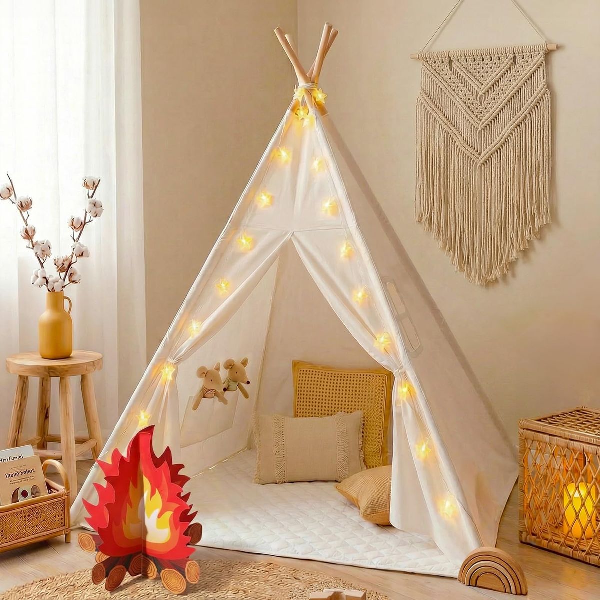 Kids Canvas Teepee Tent with Star Lights & Play Mat - Indoor/Outdoor Play