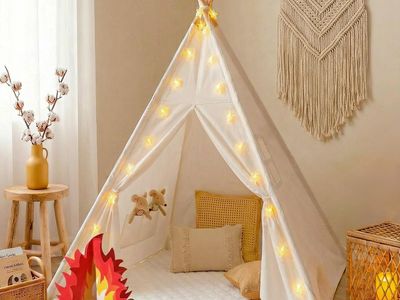 Kids Canvas Teepee Tent with Star Lights & Play Mat - Indoor/Outdoor Play