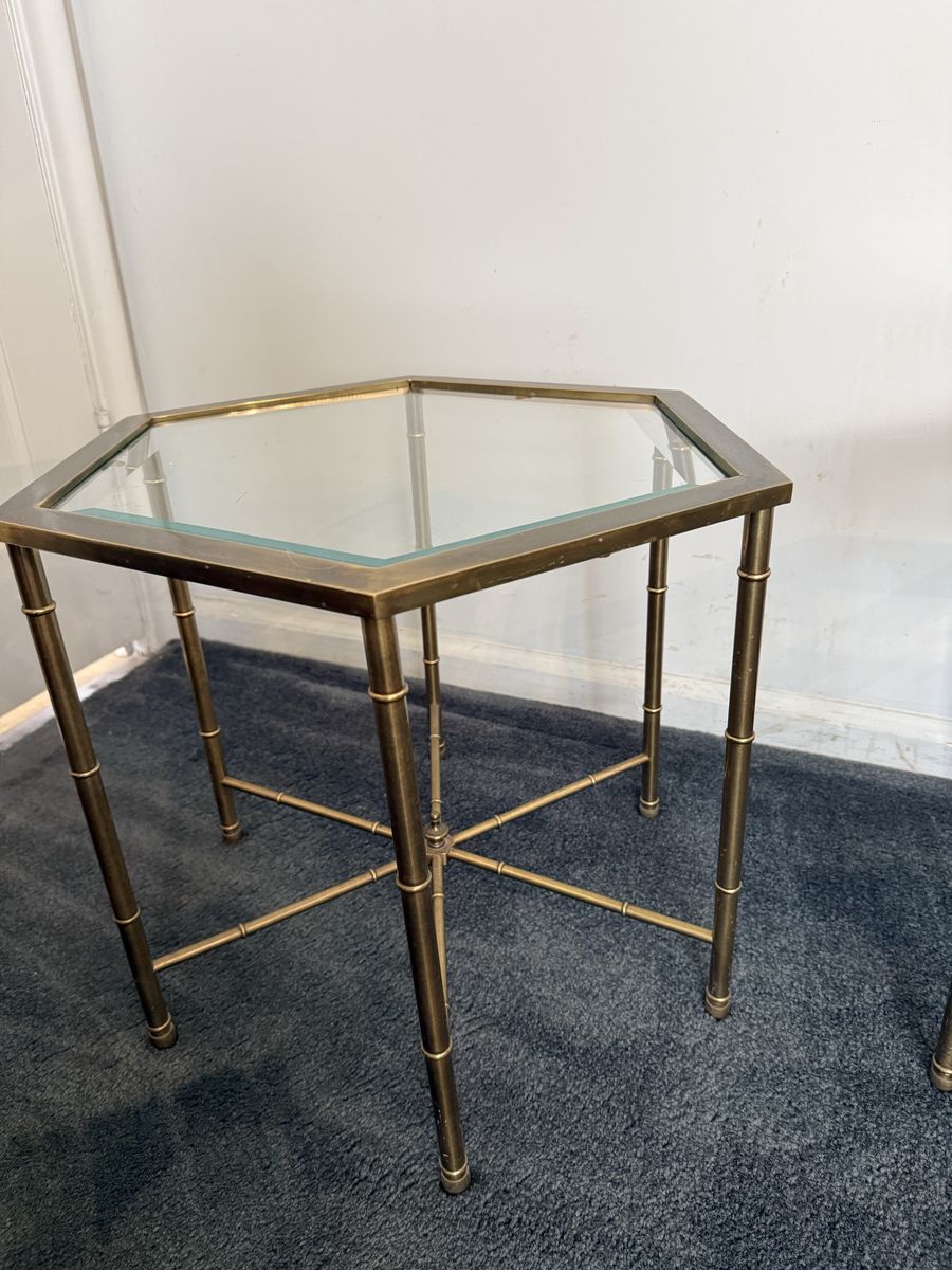 Vintage Brass & Glass Hexagon Side Table / End Table with Faux Bamboo Detail