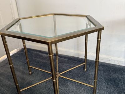 Vintage Brass & Glass Hexagon Side Table / End Table with Faux Bamboo Detail