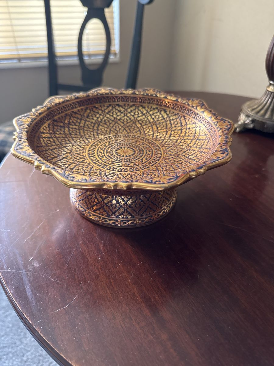 Vintage Thai Benjarong Porcelain Pedestal Bowl Ornate Gold Gilt Dish