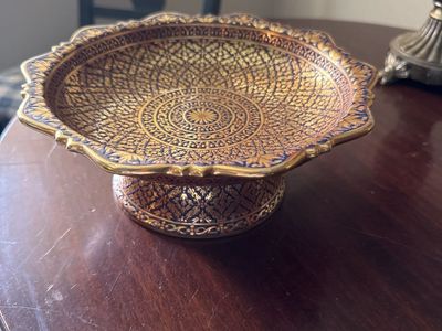 Vintage Thai Benjarong Porcelain Pedestal Bowl Ornate Gold Gilt Dish
