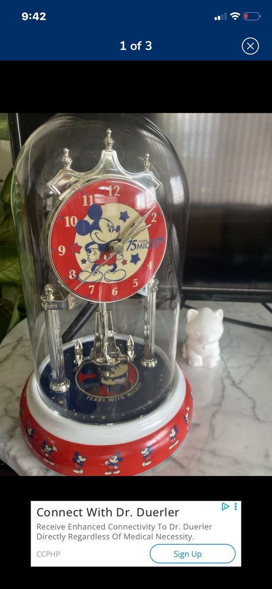 Disney Mickey Mouse 75 Years Anniversary Dome Clock Collectible Red & Blue Pendulum