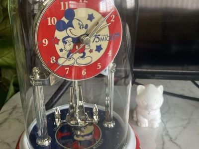 Disney Mickey Mouse 75 Years Anniversary Dome Clock Collectible Red & Blue Pendulum