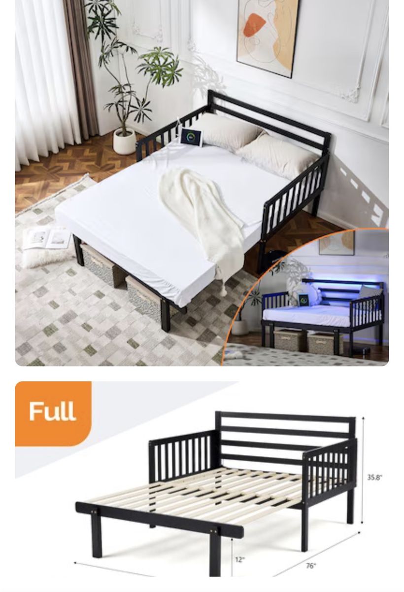 VINGLI Full Size Pull-Out Platform Daybed Bed Frame - Black with LED & Charging Station NEW