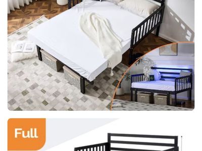 VINGLI Full Size Pull-Out Platform Daybed Bed Frame - Black with LED & Charging Station NEW