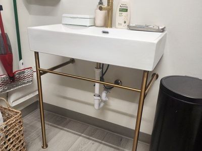 Contemporary White Ceramic Bathroom Sink with Gold Frame Stand and Faucet