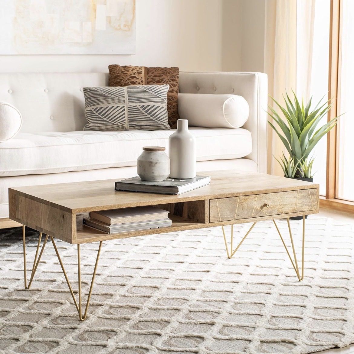 MCM Wood Coffee Table Gold Inlay Brass Legs