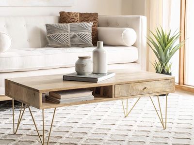 MCM Wood Coffee Table Gold Inlay Brass Legs