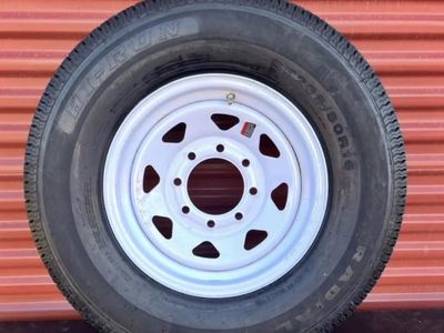 New Hi Run ST 235/80 R 16 Trailer Tires Mounted Mounted on New White Wheel Standard 8 lug Trailer Pattern Brand New