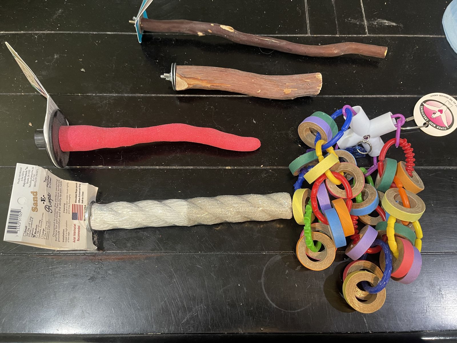New and Used bird toys and perches bundle