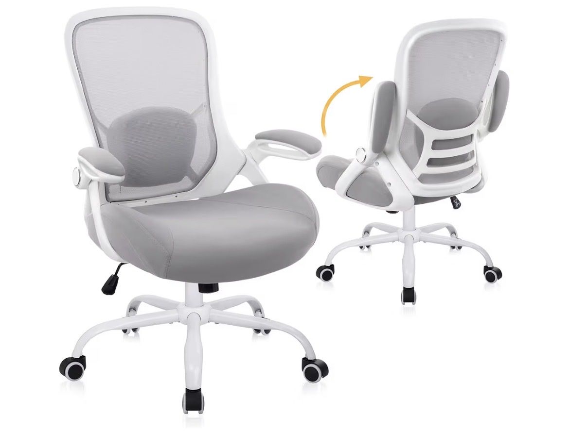 Unbranded White & Grey Office Chair with Lumbar Support and Flip-Up Arms, New in Box