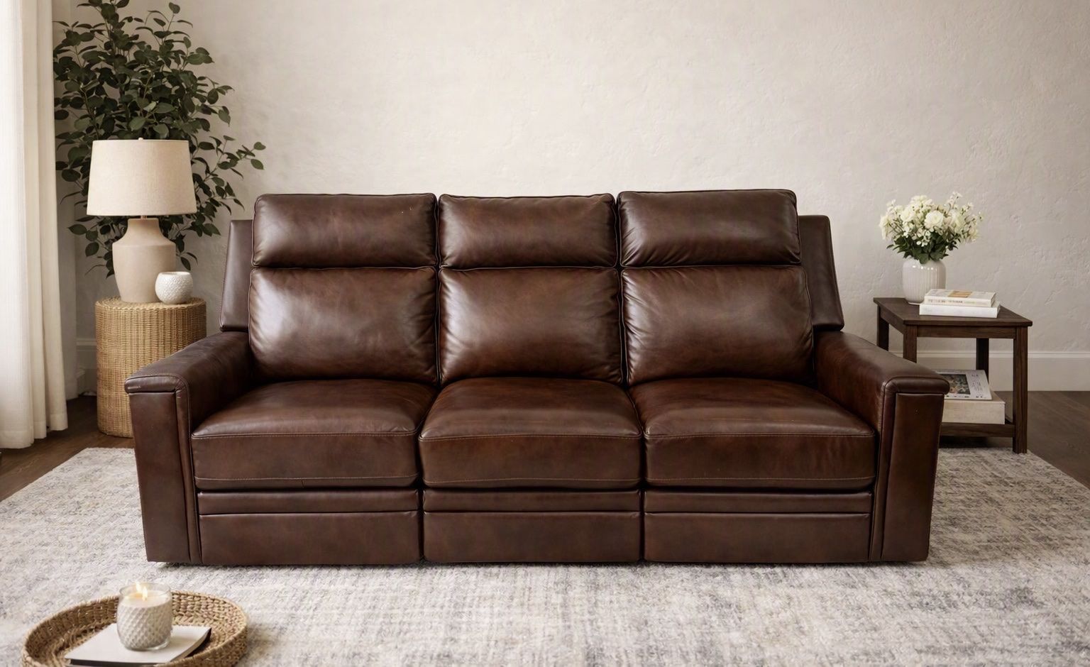 Brown Leather Manual Reclining Couch with USB Ports