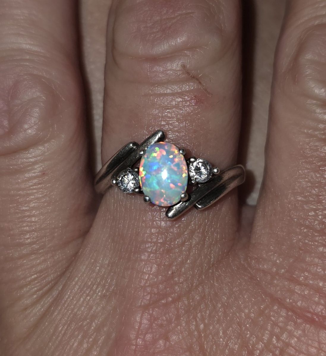 Vintage Opal Cubic Zirconia Sterling Silver Ring - Size 8