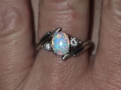Vintage Opal Cubic Zirconia Sterling Silver Ring - Size 8