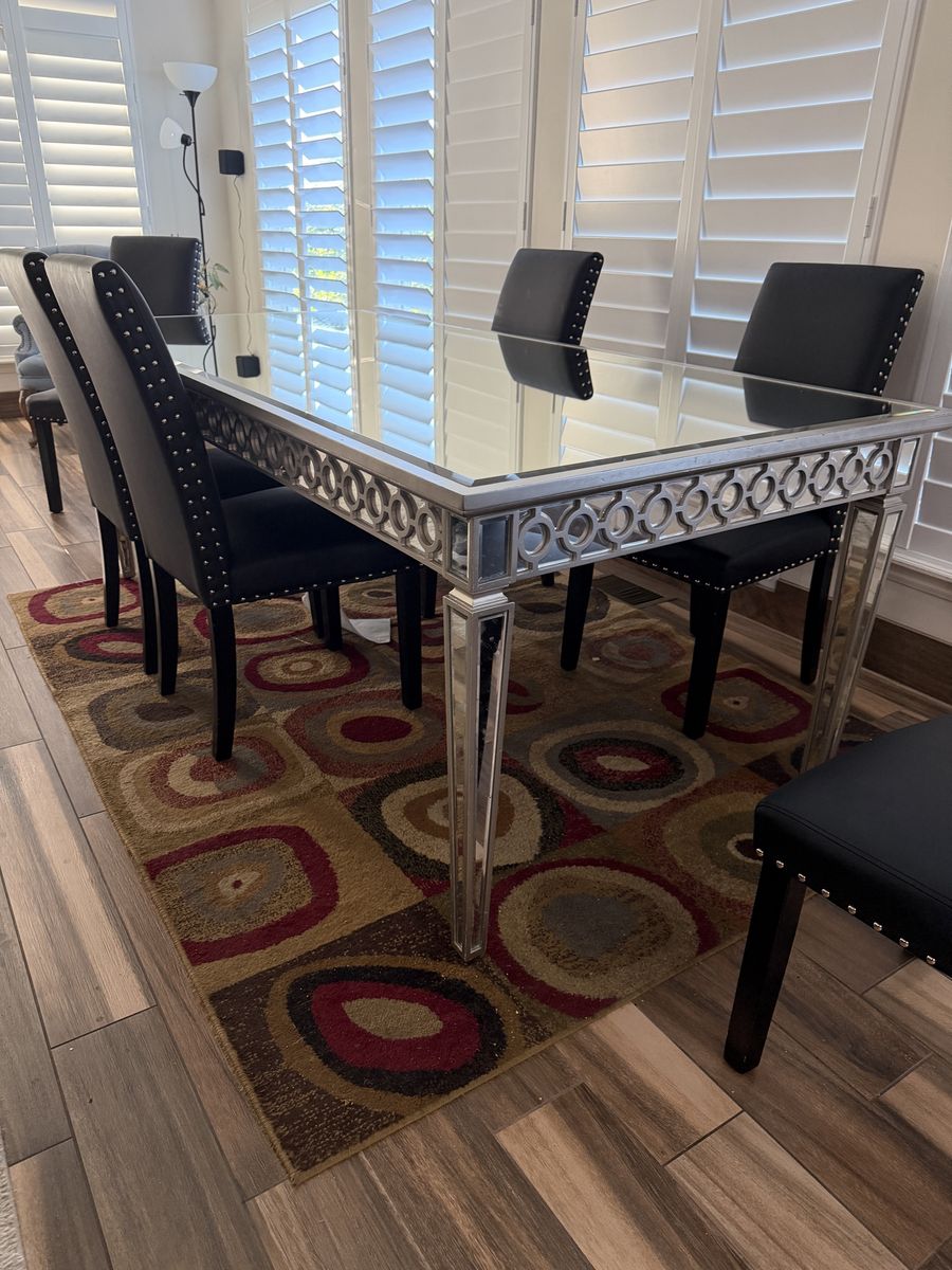 Mirrored Dinning Table and 6 Faux Leather Chairs