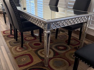 Mirrored Dinning Table and 6 Faux Leather Chairs