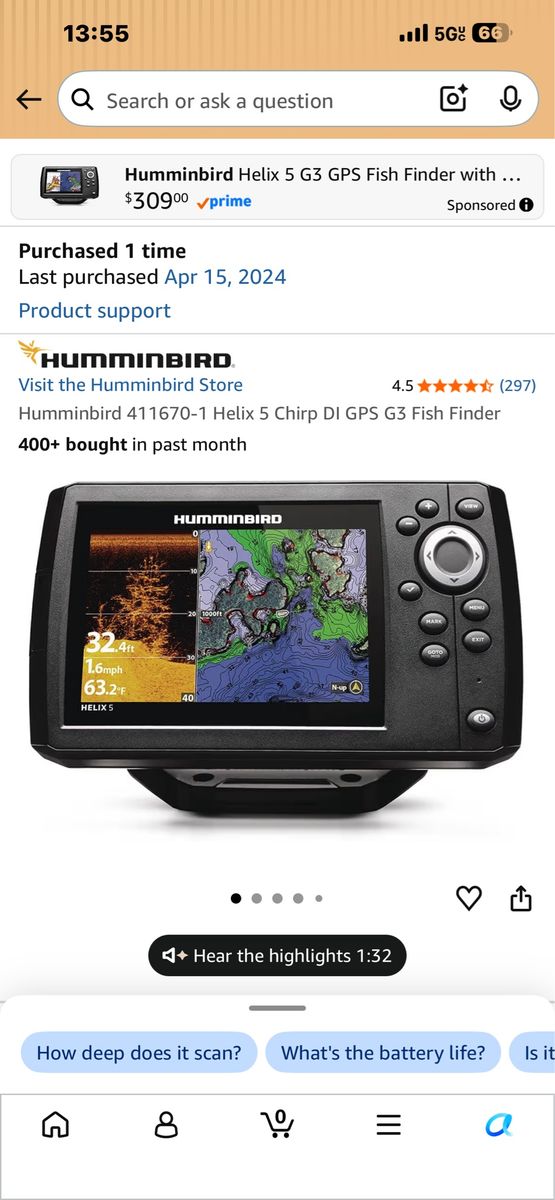 Humminbird Helix 5 Chirp DI GPS G3 Fish Finder - New with manual and accessories.