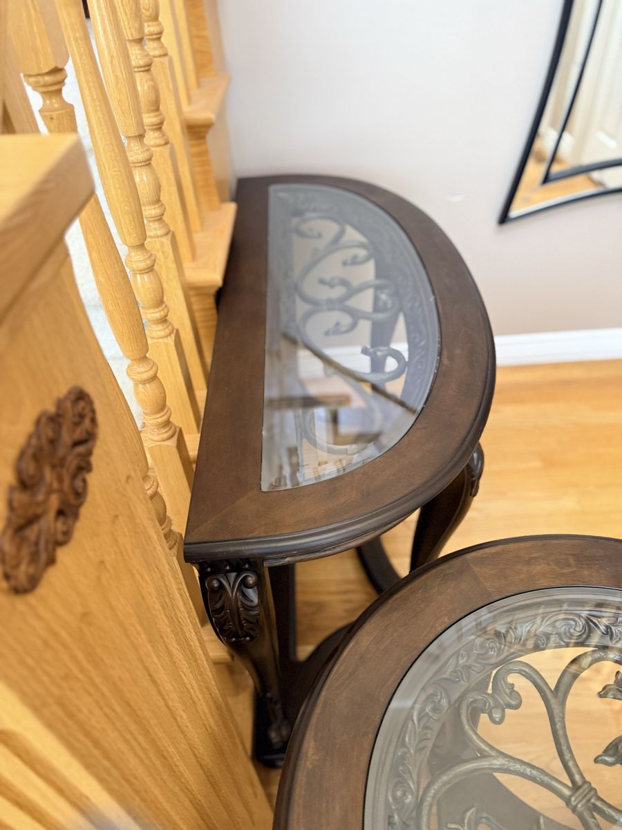 Elegant Wood & Glass Console and End Table Set - Ornate Metal Scrollwork Design