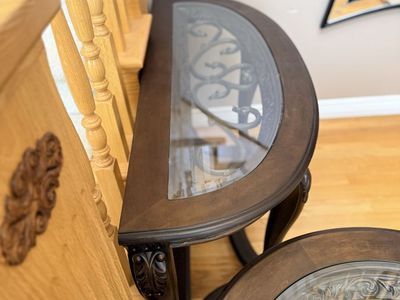 Elegant Wood & Glass Console and End Table Set - Ornate Metal Scrollwork Design
