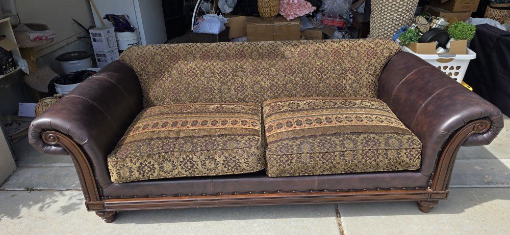 Elegant Traditional Sofa – Solid Wood Details & Leather Arms – $50 OBO