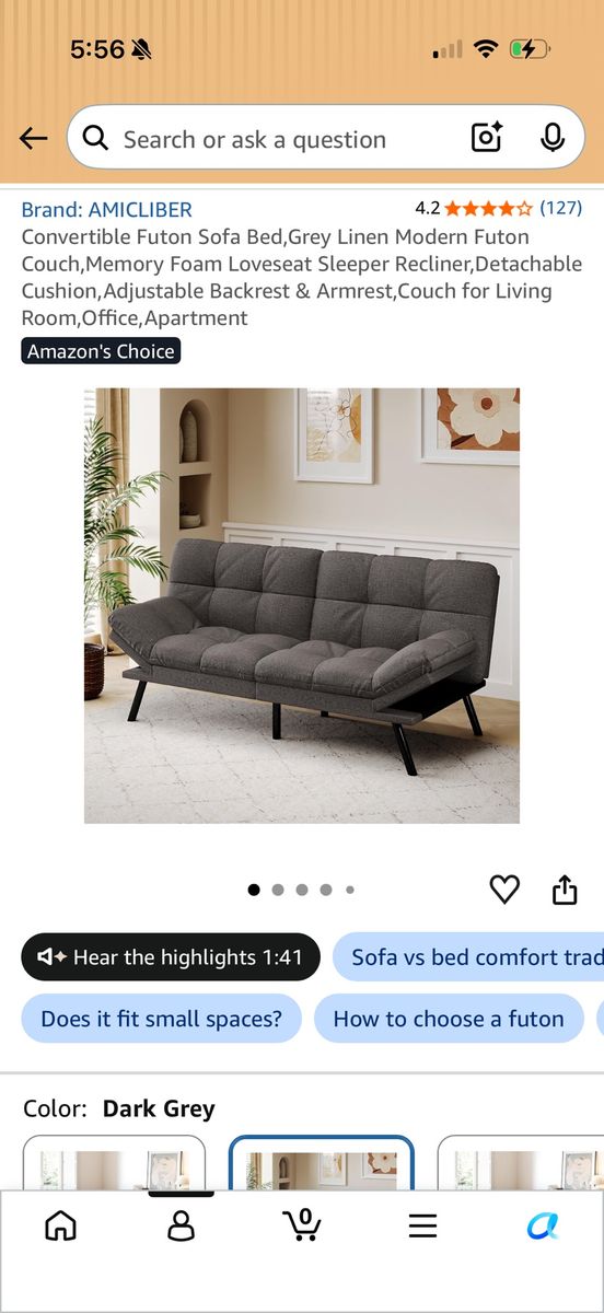 AMICLIBER Convertible Futon Sofa Bed, Grey Linen Memory Foam Loveseat Sleeper, Adjustable