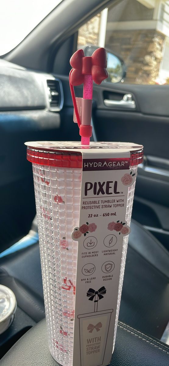 HYDRAGEAR Pixel 22oz rose Tumbler Plastic BPA-Free Straw Topper bow