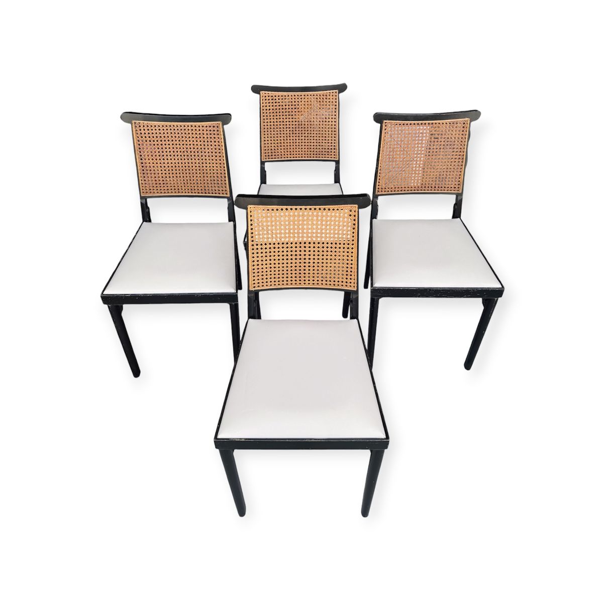 Vintage Mid Century 1963 5-Piece Folding Ebonized Wood & Natural Cane Dining Set w/White Vinyl Upholstered Seats by Leg-O-Matic