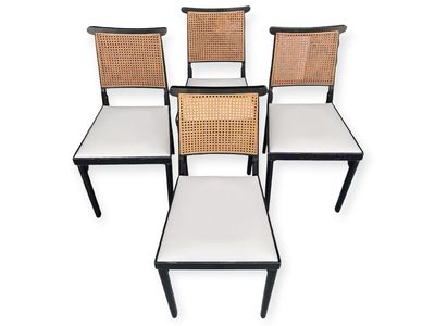 Vintage Mid Century 1963 5-Piece Folding Ebonized Wood & Natural Cane Dining Set w/White Vinyl Upholstered Seats by Leg-O-Matic